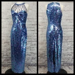 Peak Evenings Blue Sequin Mock Neck Formal Dress D